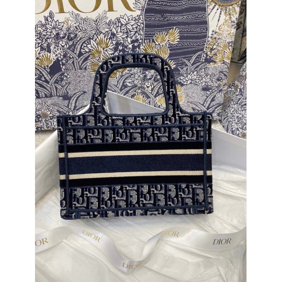 D*or mini book tote bag in blue velvet oblique embroidered