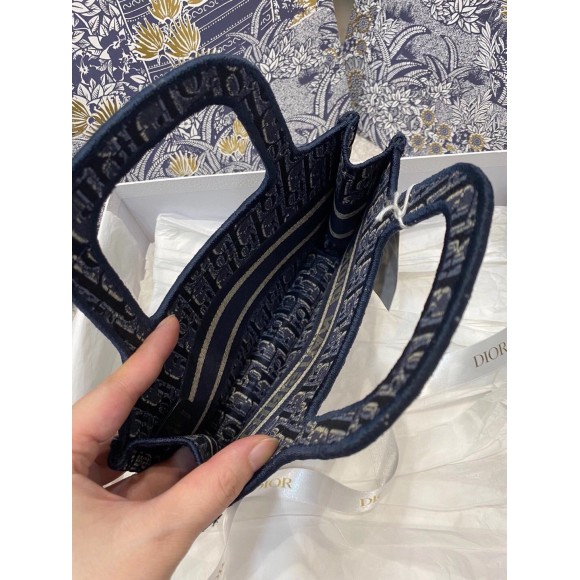 D*or mini book tote bag in blue velvet oblique embroidered