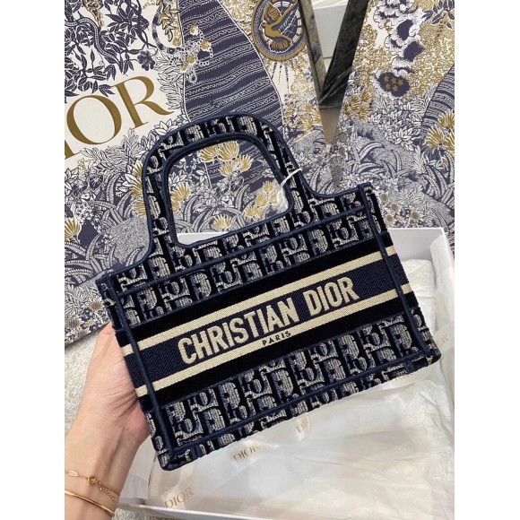 D*or mini book tote bag in blue velvet oblique embroidered