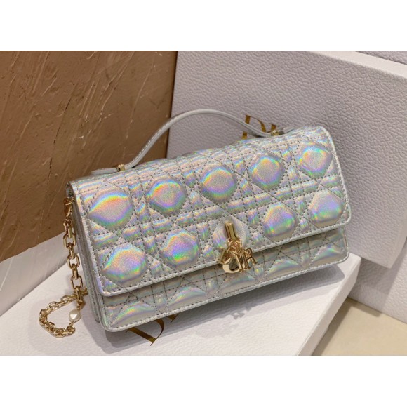 D*or miss D*or mini bag in iridescent metallic silver lambskin