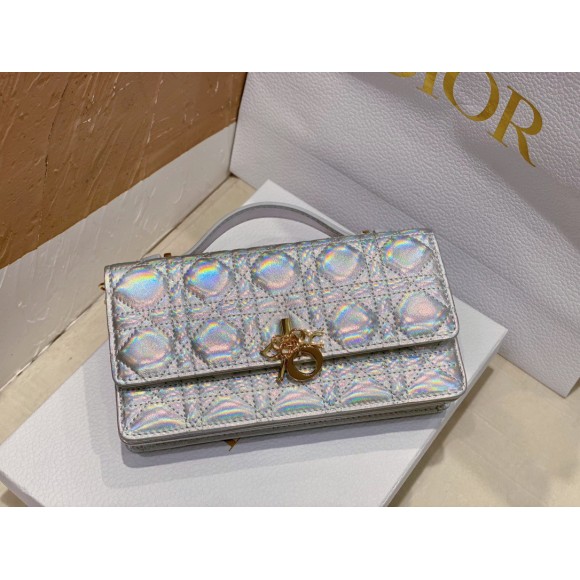 D*or miss D*or mini bag in iridescent metallic silver lambskin