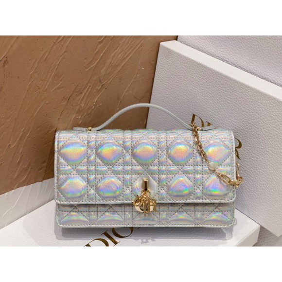 D*or miss D*or mini bag in iridescent metallic silver lambskin
