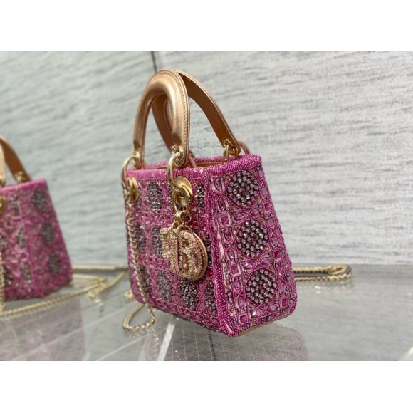 D*or lady D*or mini chain bag in satin with pink resin pearl embroidery