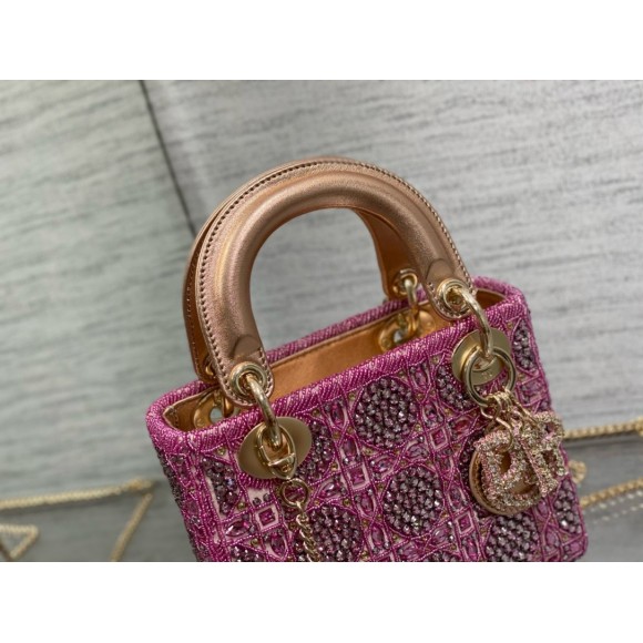D*or lady D*or mini chain bag in satin with pink resin pearl embroidery