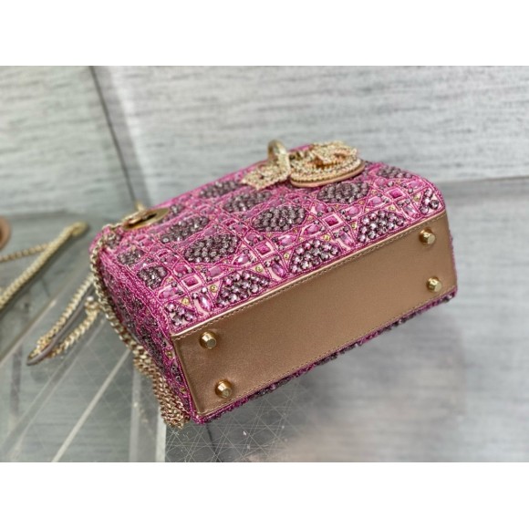 D*or lady D*or mini chain bag in satin with pink resin pearl embroidery
