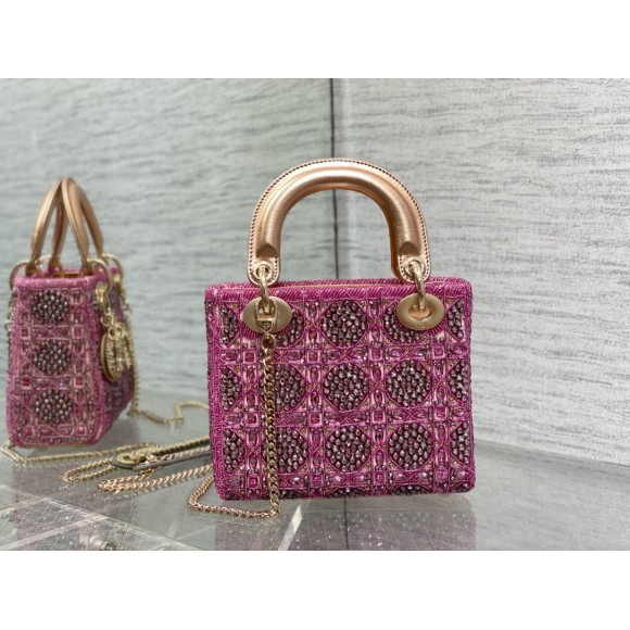 D*or lady D*or mini chain bag in satin with pink resin pearl embroidery