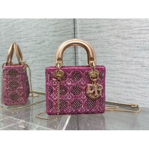 D*or lady D*or mini chain bag in satin with pink resin pearl embroidery