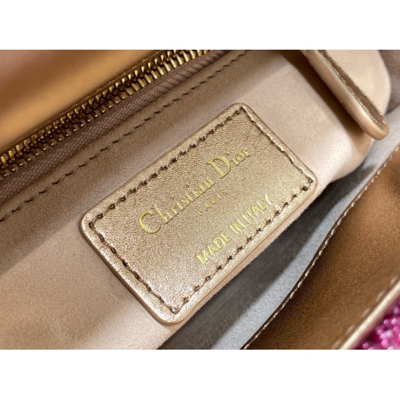 D*or lady D*or mini chain bag in satin with pink resin pearl embroidery