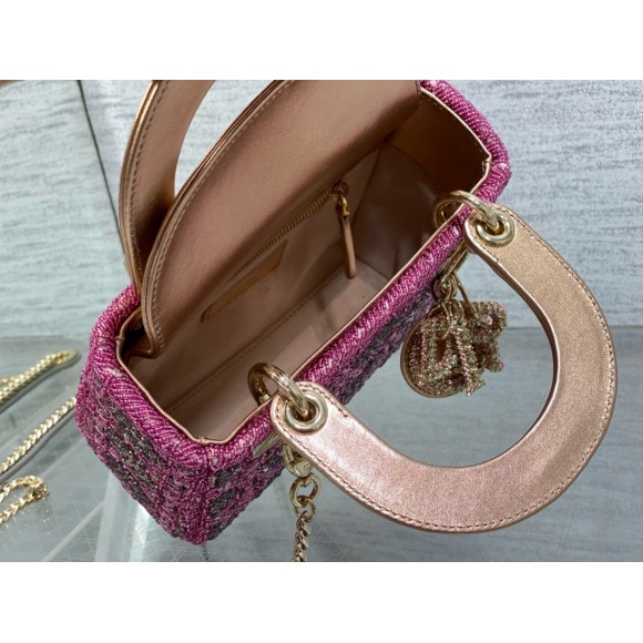 D*or lady D*or mini chain bag in satin with pink resin pearl embroidery