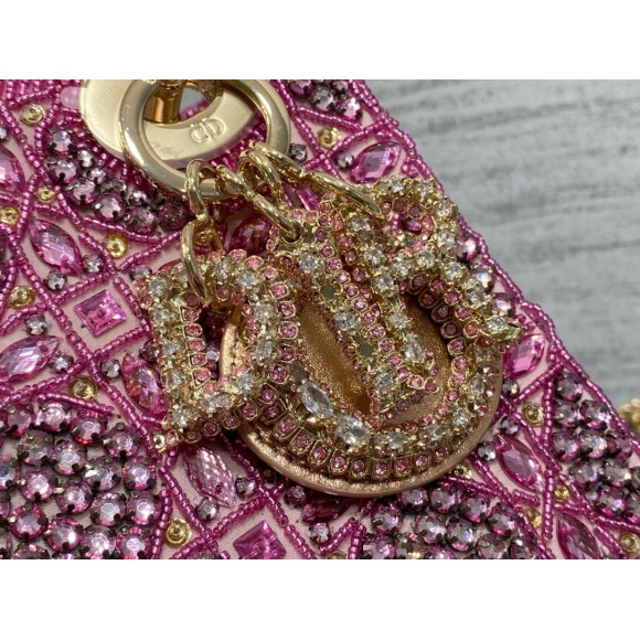 D*or lady D*or mini chain bag in satin with pink resin pearl embroidery