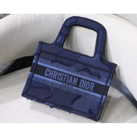D*or mini book tote bag in blue camouflage canvas