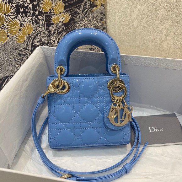 D*or lady D*or micro bag in blue patent cannage calfskin