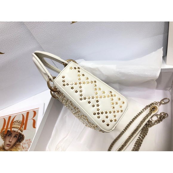 D*or lady D*or mini chain bag in white lambskin with star embroidery
