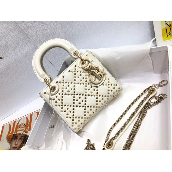 D*or lady D*or mini chain bag in white lambskin with star embroidery