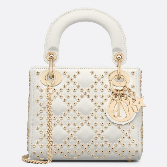 D*or lady D*or mini chain bag in white lambskin with star embroidery