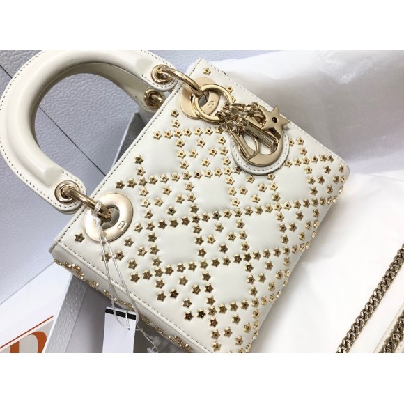 D*or lady D*or mini chain bag in white lambskin with star embroidery