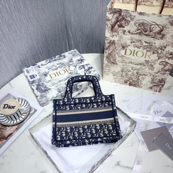 D*or mini book tote bag in blue D*or oblique embroidery