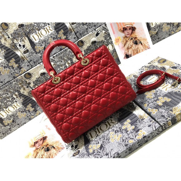 D*or lady D*or large bag in red cannage lambskin