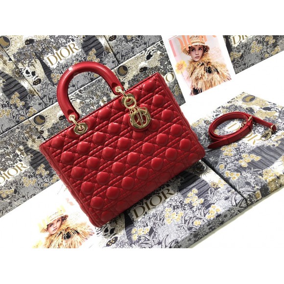 D*or lady D*or large bag in red cannage lambskin