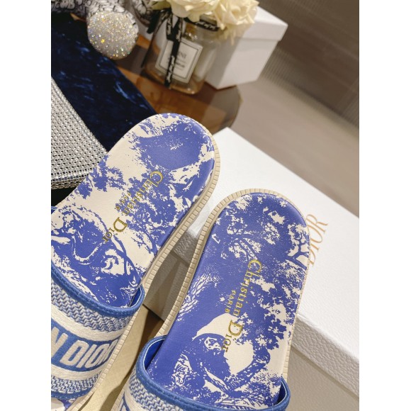 D*or dway slides in bright blue toile de jouy embroidered cotton