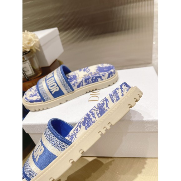 D*or dway slides in bright blue toile de jouy embroidered cotton