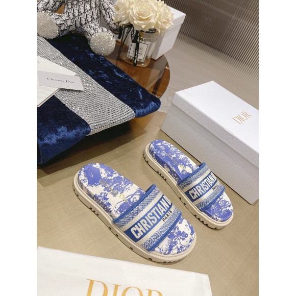 D*or dway slides in bright blue toile de jouy embroidered cotton