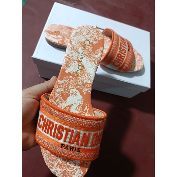 D*or dway slides in bright orange toile de jouy embroidered