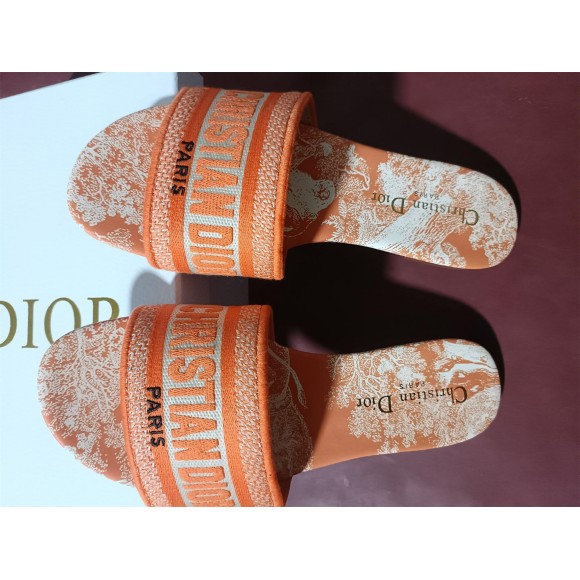 D*or dway slides in bright orange toile de jouy embroidered