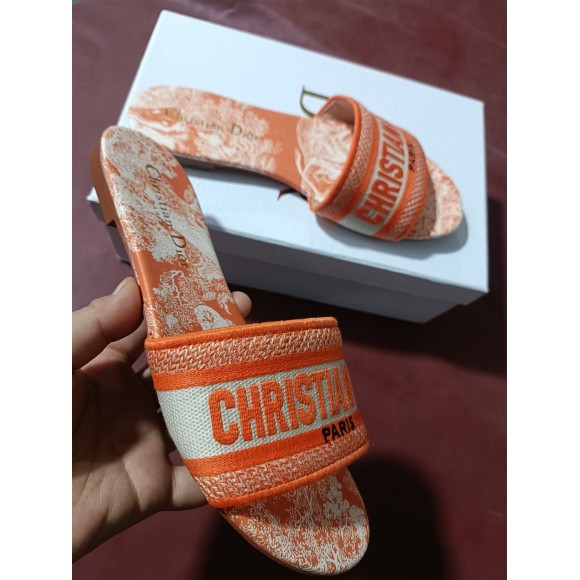 D*or dway slides in bright orange toile de jouy embroidered