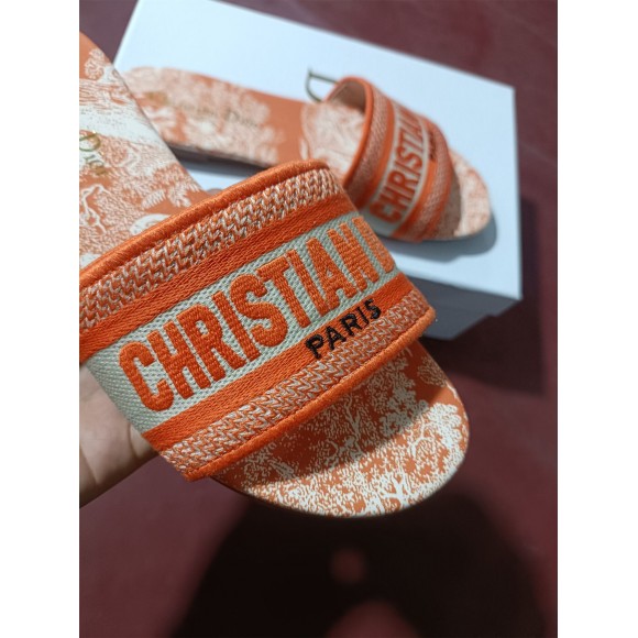 D*or dway slides in bright orange toile de jouy embroidered