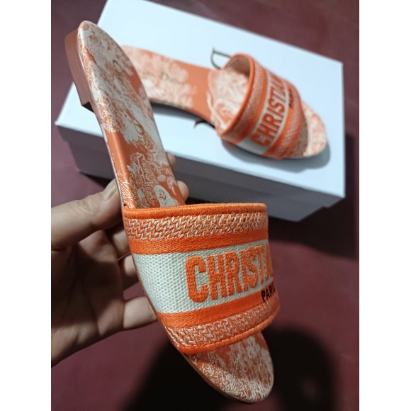 D*or dway slides in bright orange toile de jouy embroidered