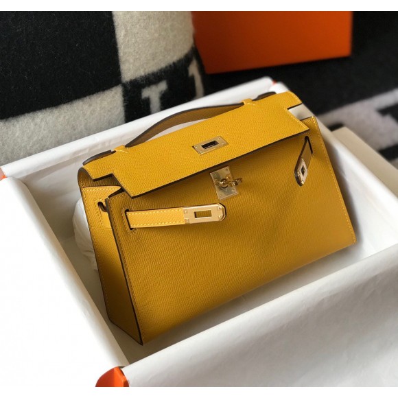 H**mes kelly pochette clutch bag in yellow epsom leather