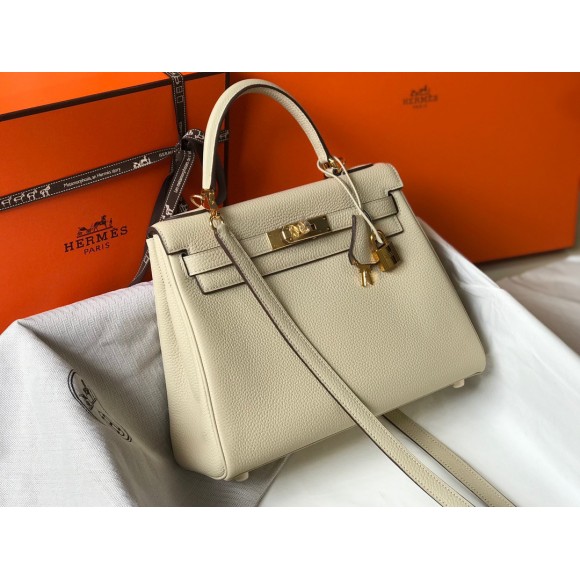 H**mes kelly 32cm retourne bag in craie clemence leather ghw
