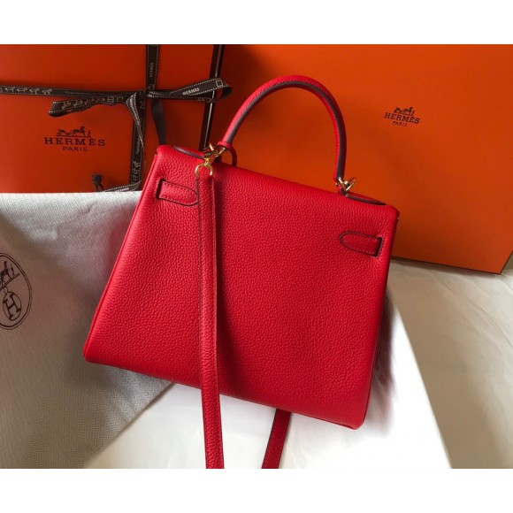 H**mes kelly 28cm retourne bag in red clemence leather ghw